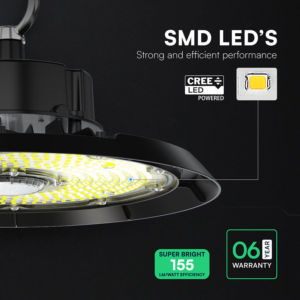 100W Oprawa Highbay / Chip CREE / Barwa:6500K / Obudowa: Czarna / 6 Lat gwarancji / Skuteczność 135lm/W / Kąt 90'