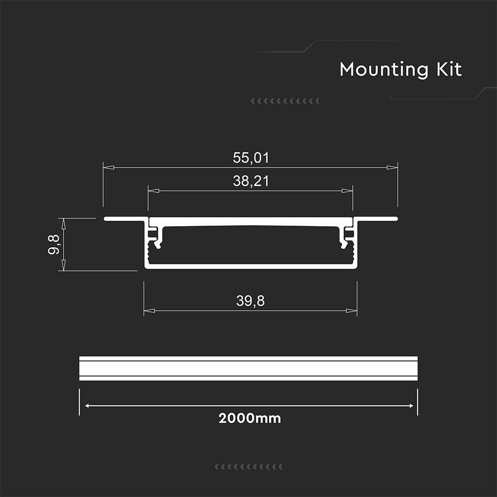 Profil Aluminiowy do paska LED na wpuszczany / 2000x40x10mm / Kolor: Aluminium