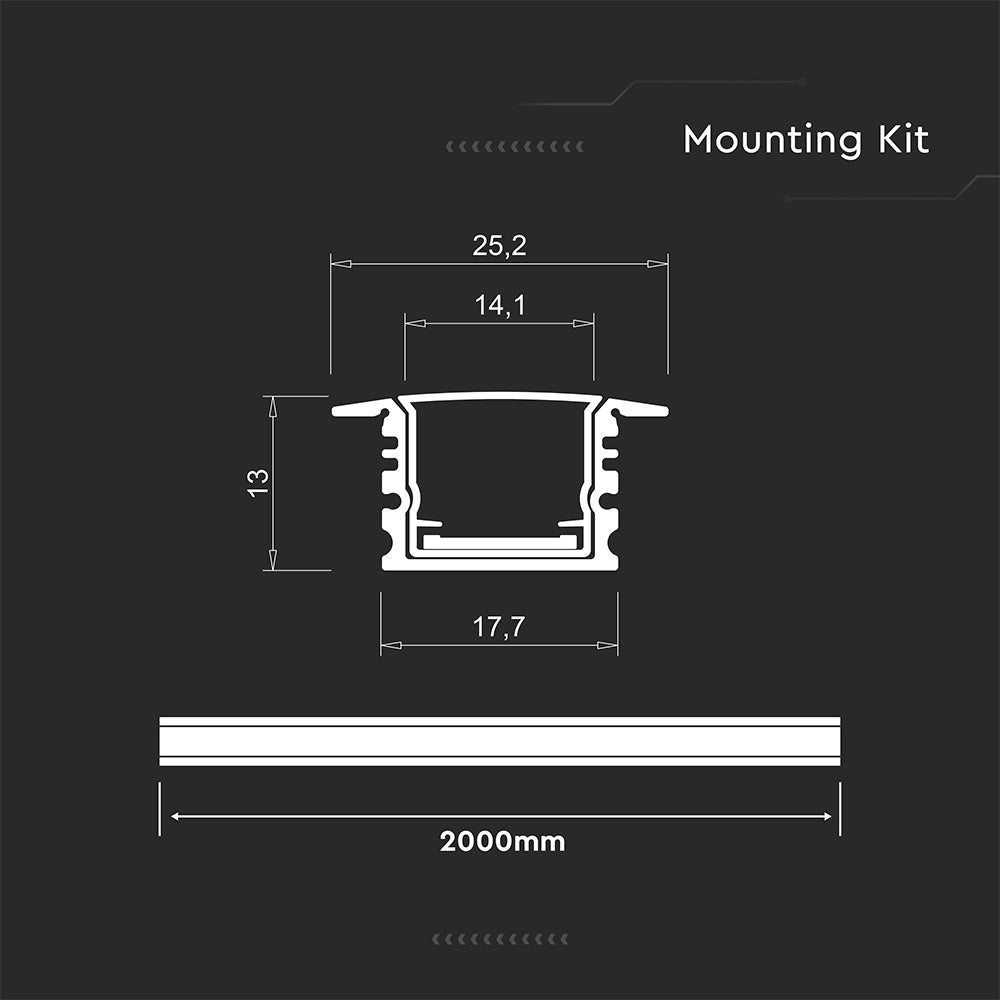Profil Aluminiowy do paska LED na wpuszczany / 2000x17x14mm / Kolor: Aluminium