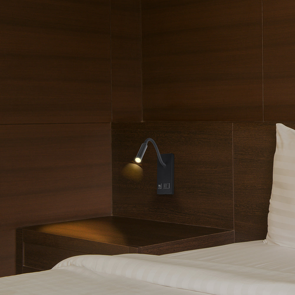 3W Hotelowa lampa ścienna USB / Chip CREE / Barwa: 3000K / Kolor: Czarny