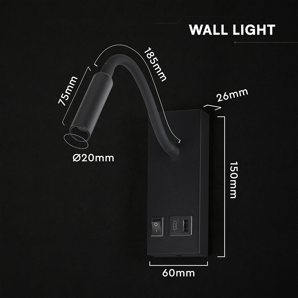 3W Hotelowa lampa ścienna USB / Chip CREE / Barwa: 3000K / Kolor: Czarny