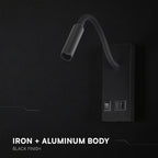 3W Hotelowa lampa ścienna USB / Chip CREE / Barwa: 3000K / Kolor: Czarny