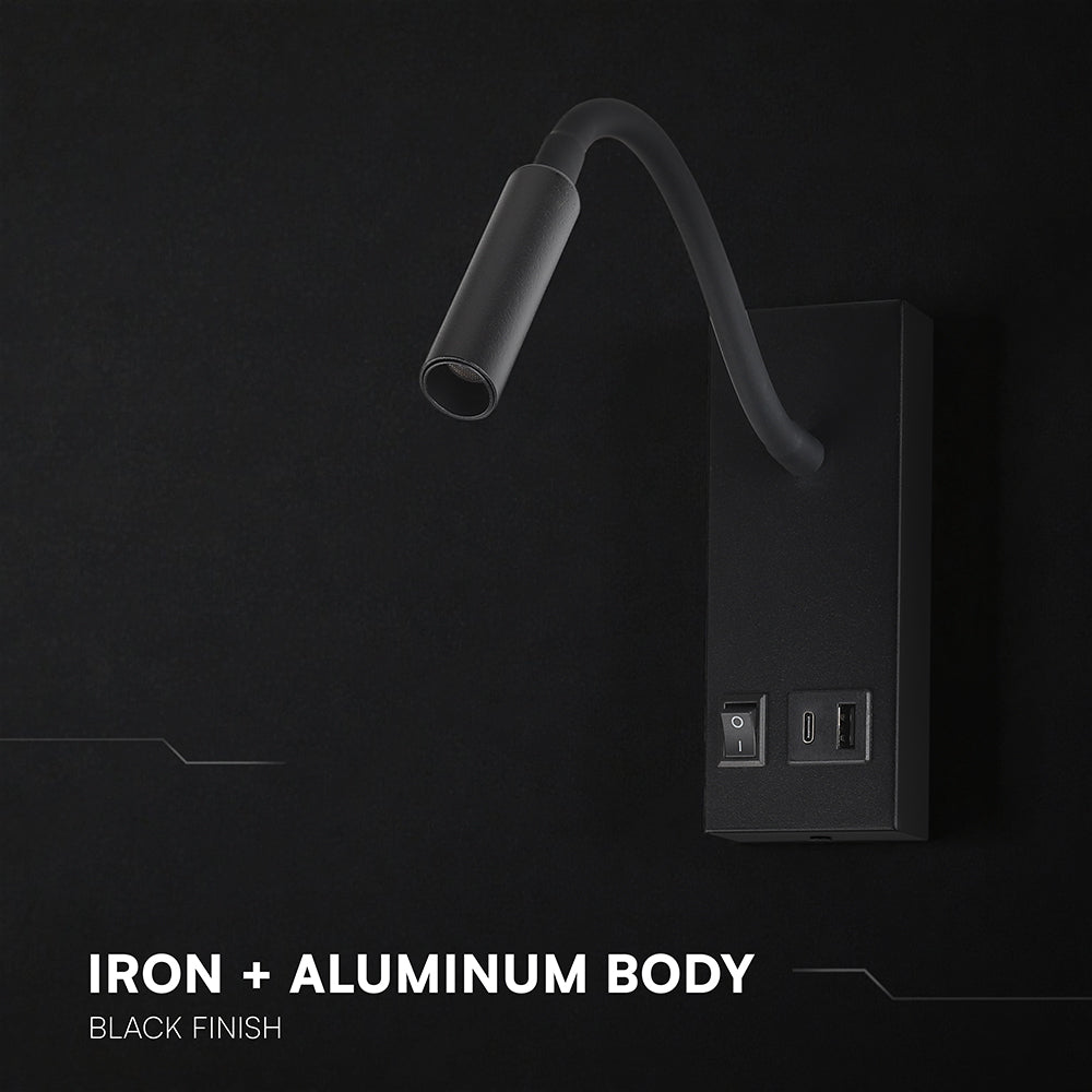 3W Hotelowa lampa ścienna USB / Chip CREE / Barwa: 3000K / Kolor: Czarny