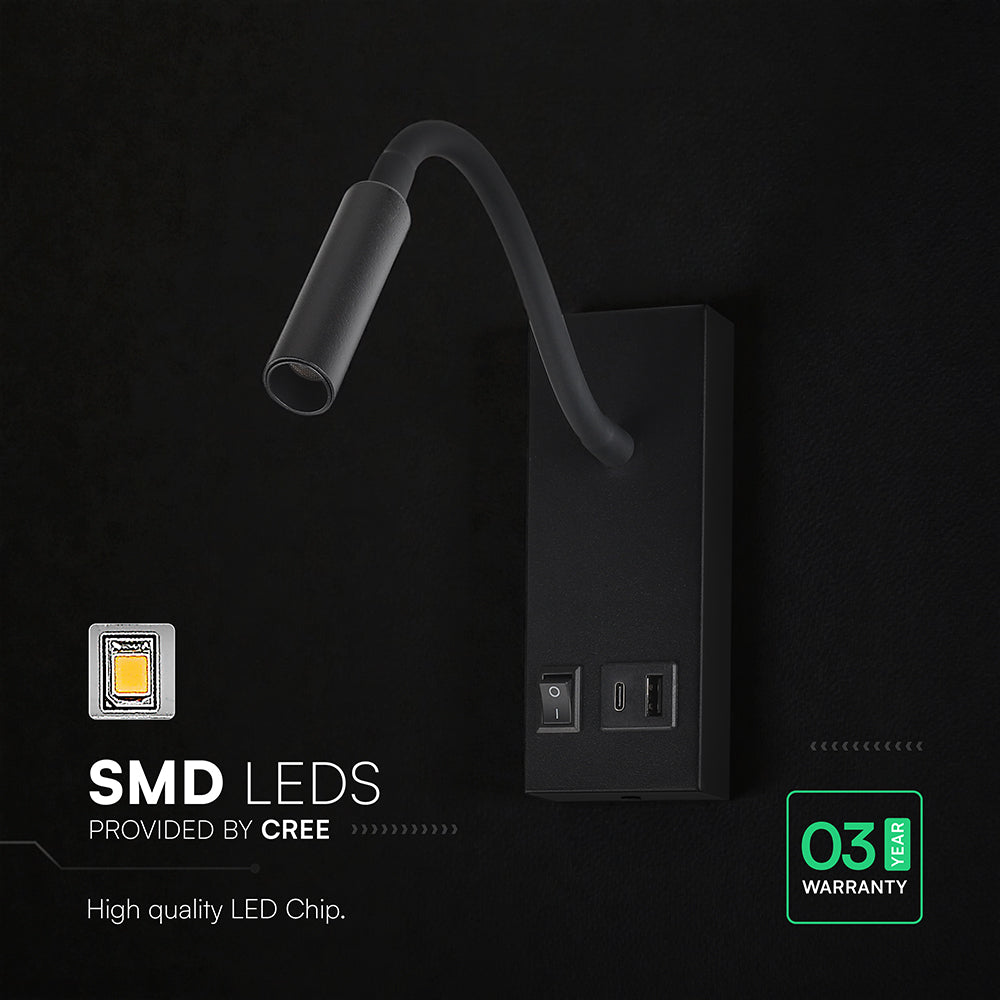 3W Hotelowa lampa ścienna USB / Chip CREE / Barwa: 3000K / Kolor: Czarny