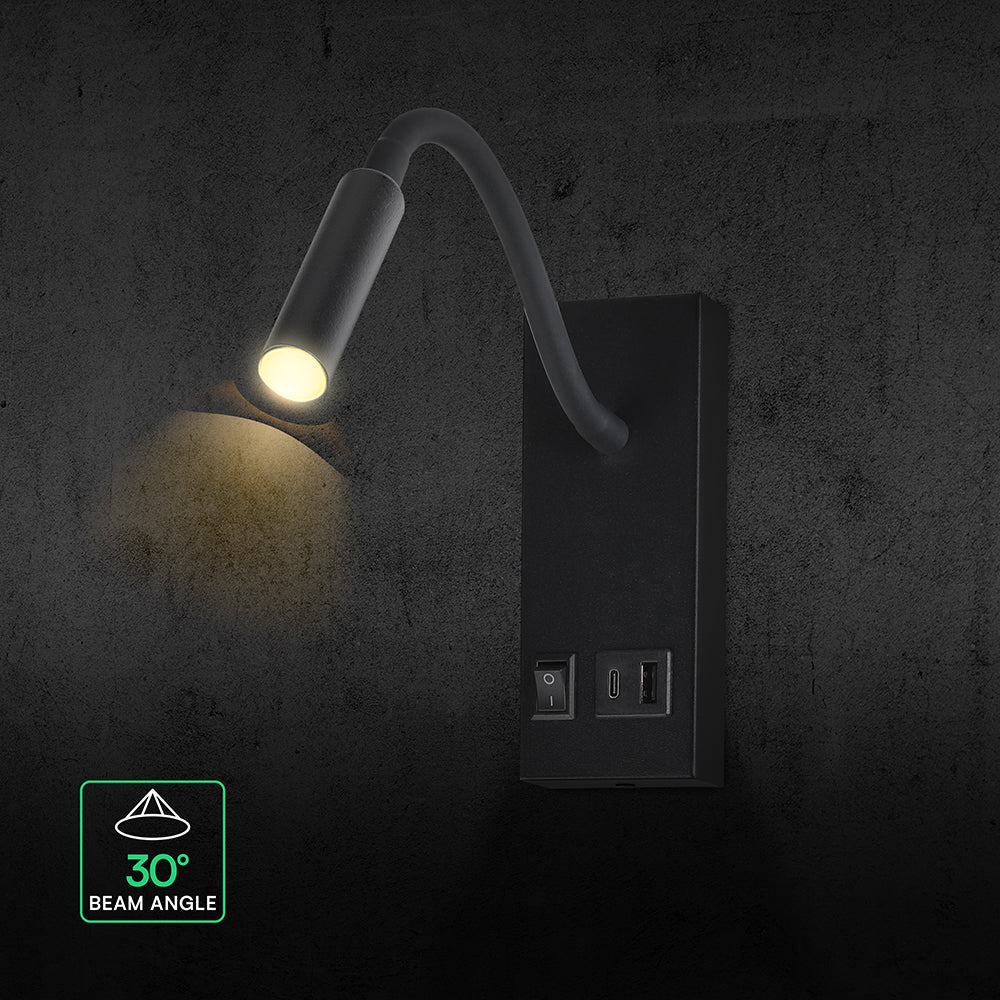 3W Hotelowa lampa ścienna USB / Chip CREE / Barwa: 3000K / Kolor: Czarny