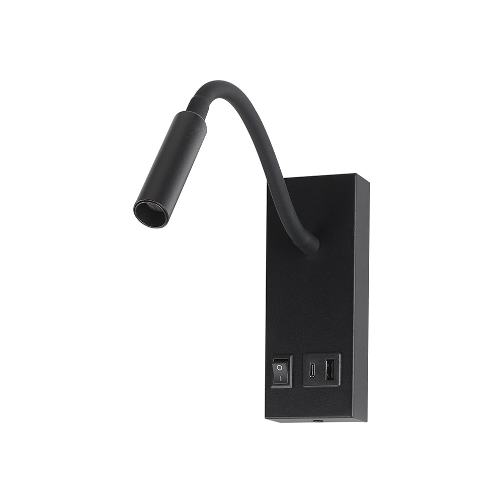 3W Hotelowa lampa ścienna USB / Chip CREE / Barwa: 3000K / Kolor: Czarny