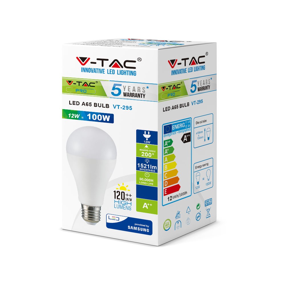 12W A65 Żarówka LED / Chip SAMSUNG / Barwa:3000K / Klasa: A++ / Trzonek:E27