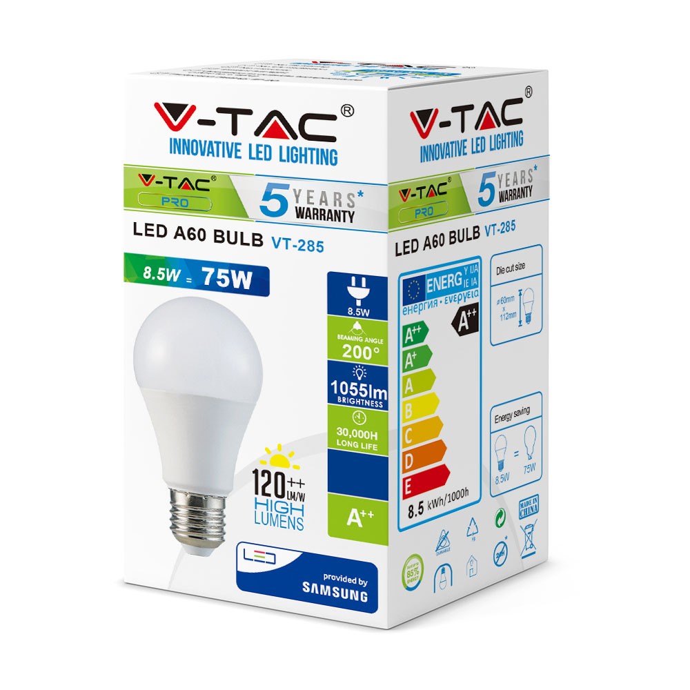 8.5W A60 Żarówka LED / Chip SAMSUNG / Barwa:4000K / Klasa: A++ / Trzonek:E27