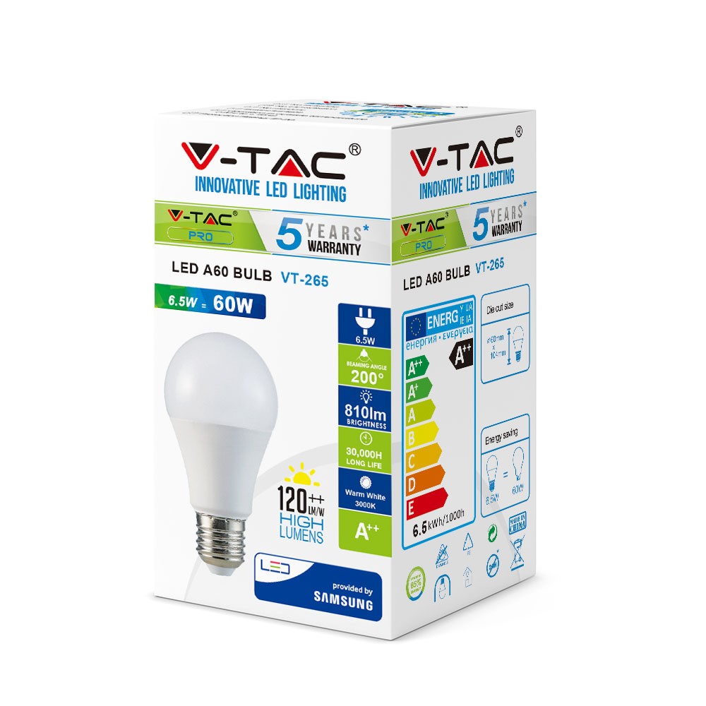 6.5W A60 Żarówka LED / Chip SAMSUNG / Barwa:4000K / Klasa: A++ / Trzonek:E27