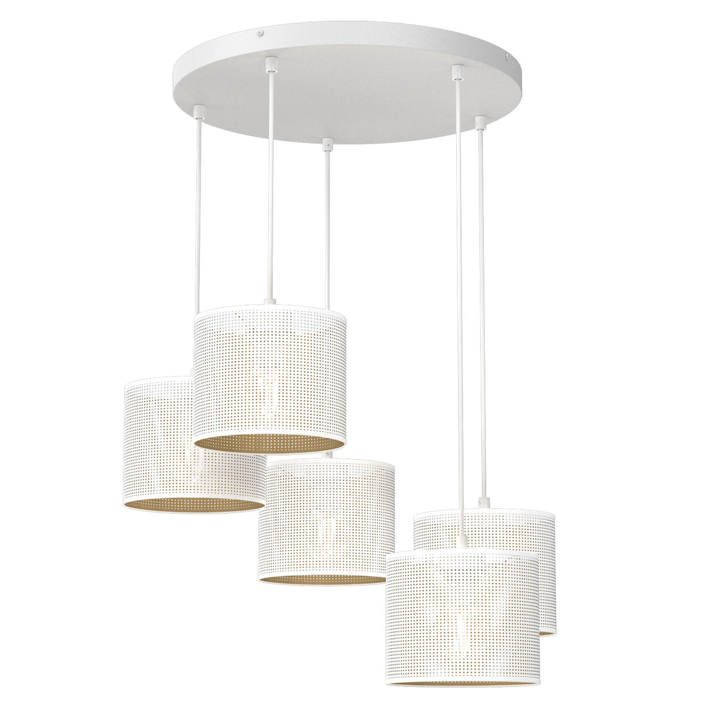 żyrandol talerz dia 440, Loft shade white, cylinder shade dia 180, h 150 white/gold 5xE27