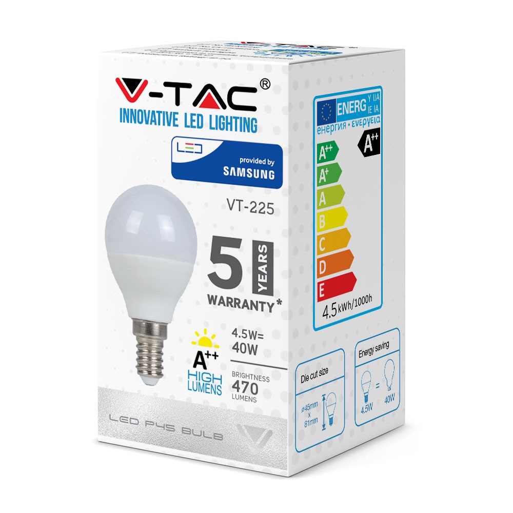 4.5W P45 Żarówka LED / Chip SAMSUNG / Barwa:6400K / Klasa: A++ / Trzonek:E14
