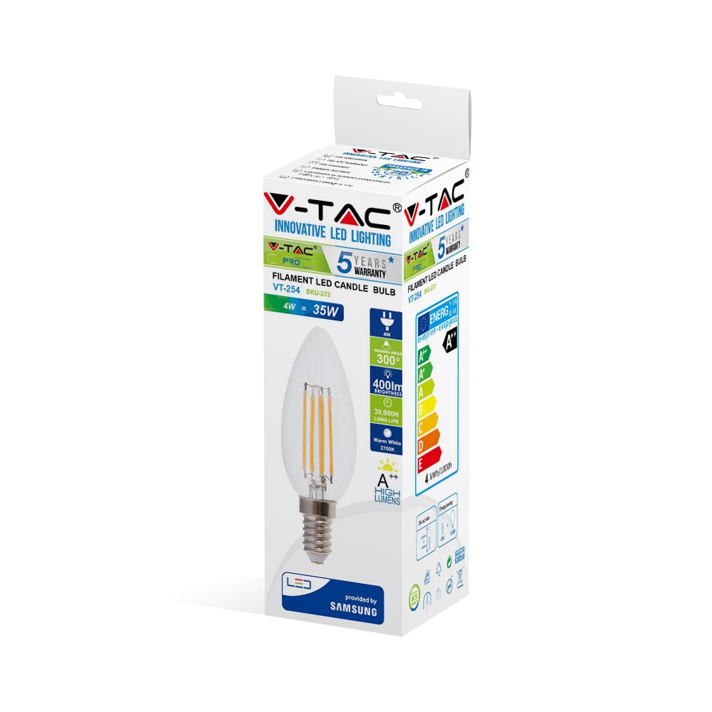 4W C35 Żarówka LED Filament / Klosz Transparentny / Chip SAMSUNG / Barwa:2700K / Trzonek:E14