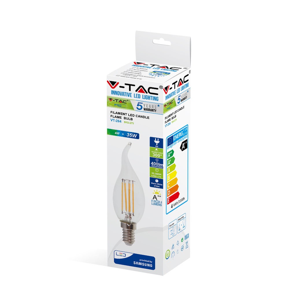 4W CF37 Żarówka LED Filament / Klosz Transparentny / Chip SAMSUNG / Barwa:2700K / Trzonek:E14