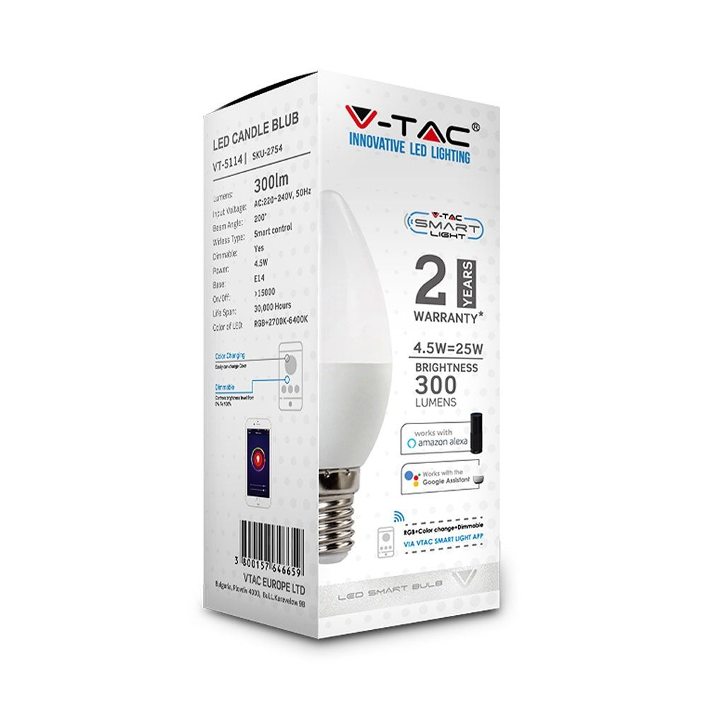 5W C35 Żarówka LED Kompatybilna z Amazon Alexa i Google Home / Barwa: RGB+WW-CW / Trzonek:E14