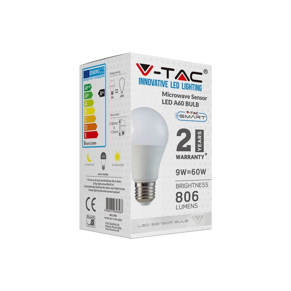 9W A60 Żarówka LED z czujnikiem mikrofalowy / Barwa:6400K / Trzonek:E27