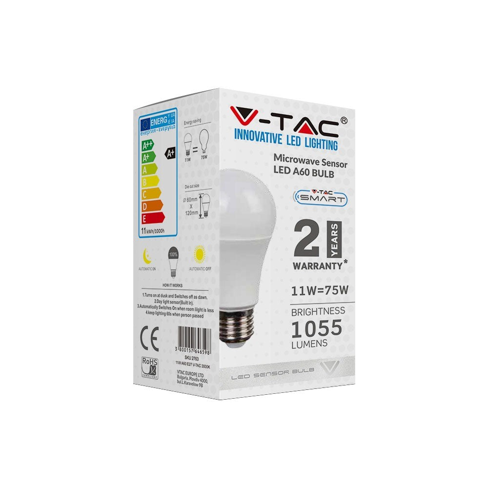11W A60 Żarówka LED z czujnikiem mikrofalowy / Barwa:3000K / Trzonek:E27