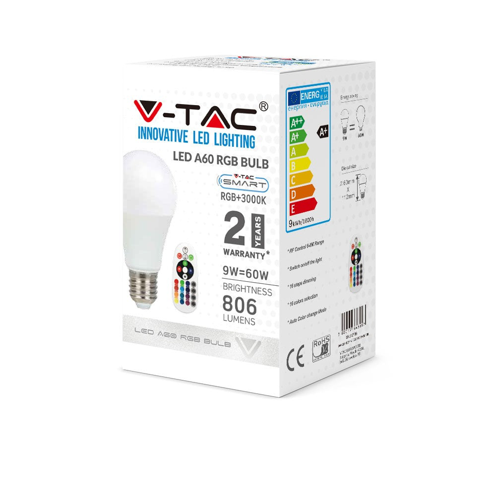 9W A60 Żarówka LED sterowana pilotem / Barwa:RGB+3000K / Trzonek:E27