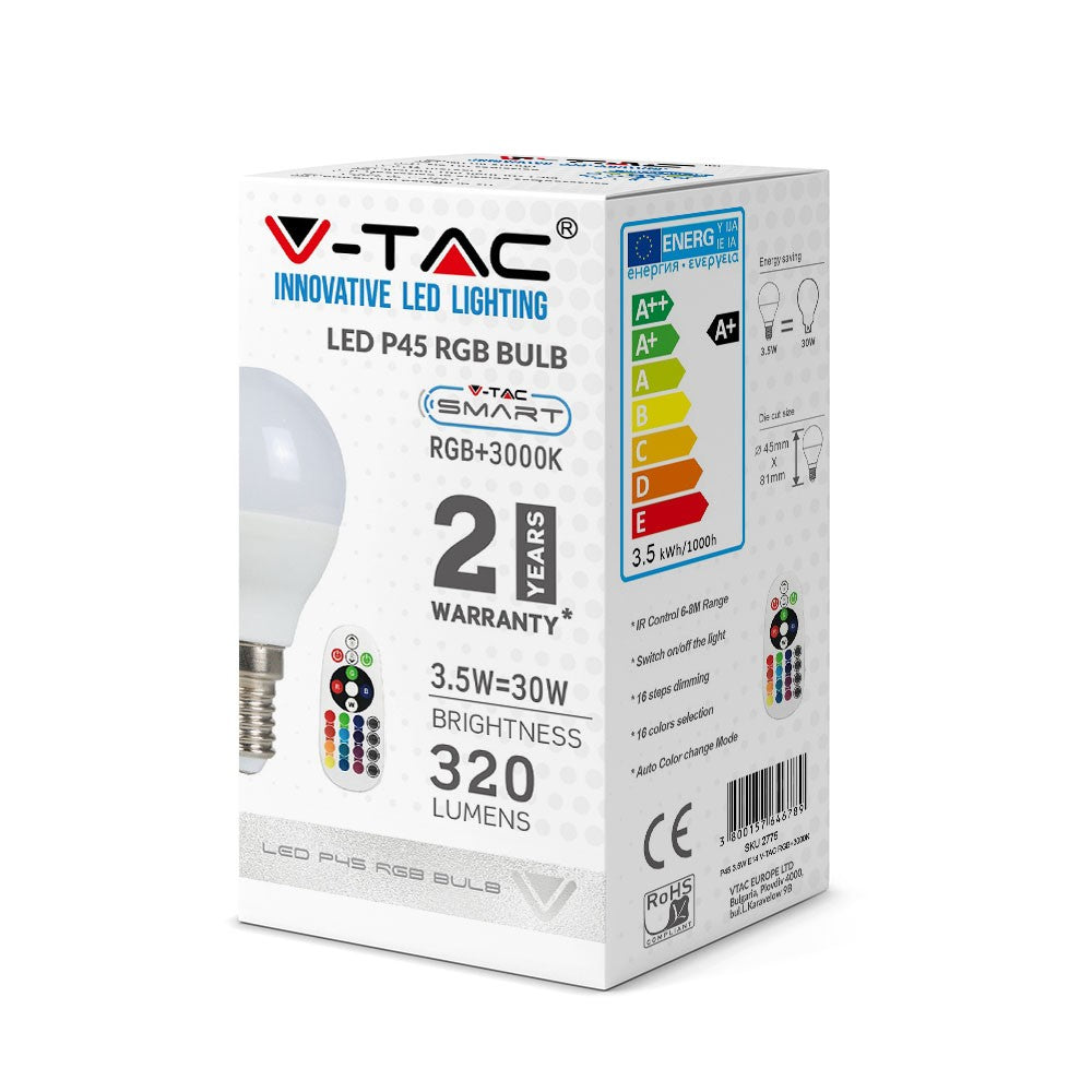 3.5W P45 Żarówka LED sterowana pilotem / Barwa:RGB+4000K / Ściemniana / Trzonek:E14