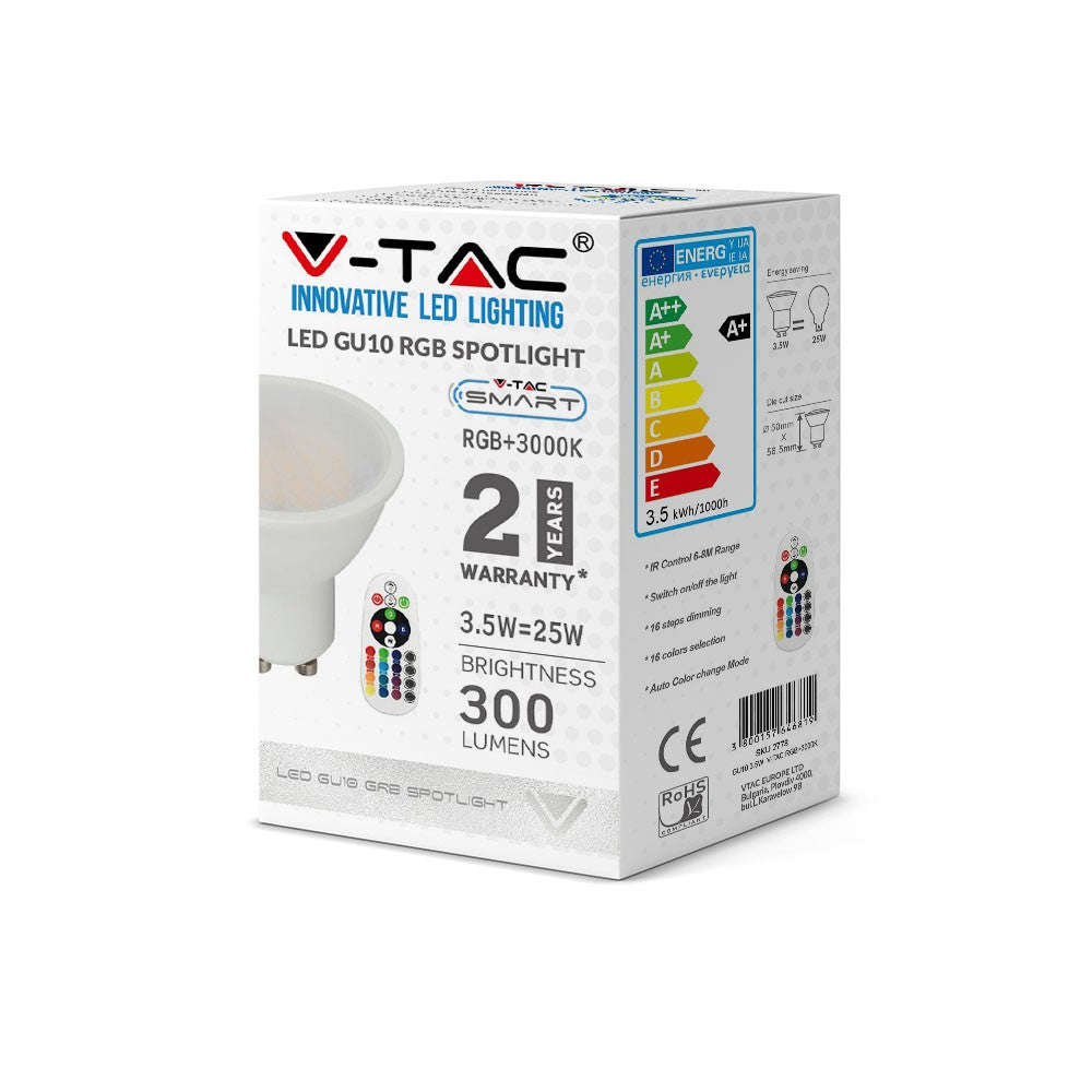3.5W GU10 Żarówka LED sterowana pilotem / Barwa:RGB+3000K / Ściemniana / Kąt 110' / Trzonek:GU10