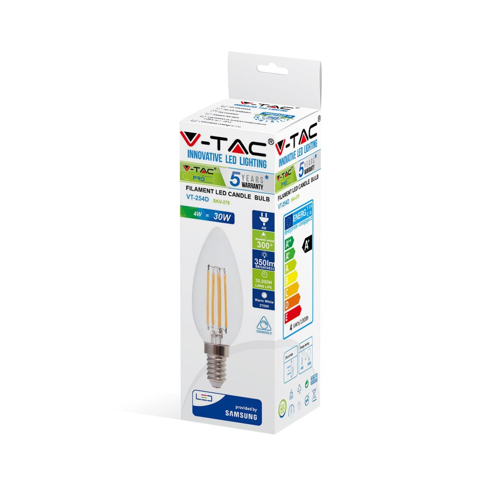 4W C35 Żarówka LED Filament / Klosz Transparentny / Chip SAMSUNG / Barwa:2700K / Ściemniana / Trzonek:E14
