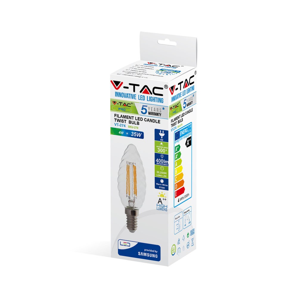 4W C35 Żarówka LED Filament Twist / Klosz Transparentny / Chip SAMSUNG / Barwa:2700K / Trzonek:E14