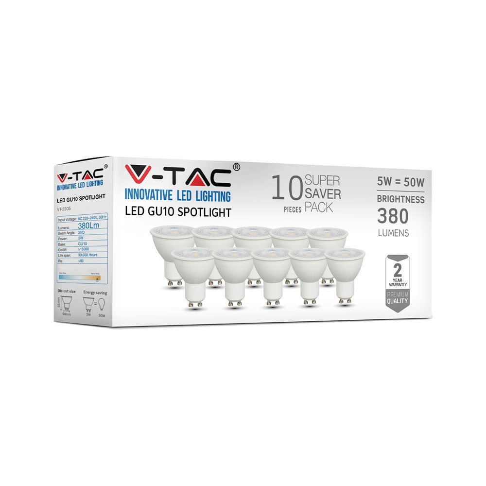 5W GU10 Żarówka LED / Barwa:3000K / Kąt 38' / Opakowanie: 10szt. /Trzonek:GU10