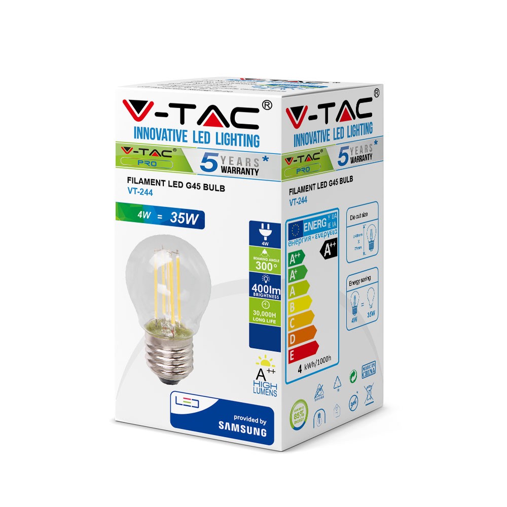 4W G45 Żarówka LED Filament / Klosz Transparentny / Chip SAMSUNG / Barwa:2700K / Trzonek:E27