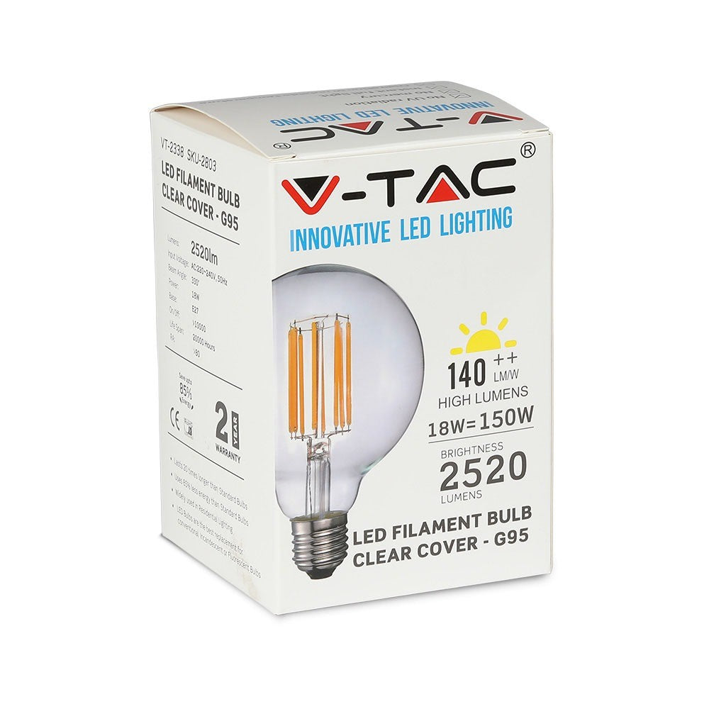 18W G95 Żarówka LED Filament / Barwa:3000K / Skuteczność: 135lm/W / Trzonek:E27