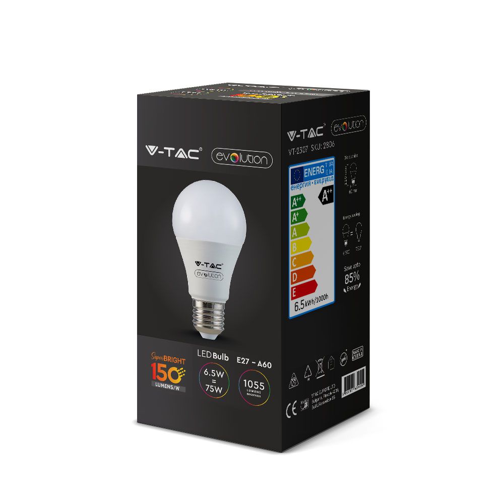 6.5W A60 Żarówka LED / Barwa:3000K / Skuteczność: 160lm/W / Trzonek:E27