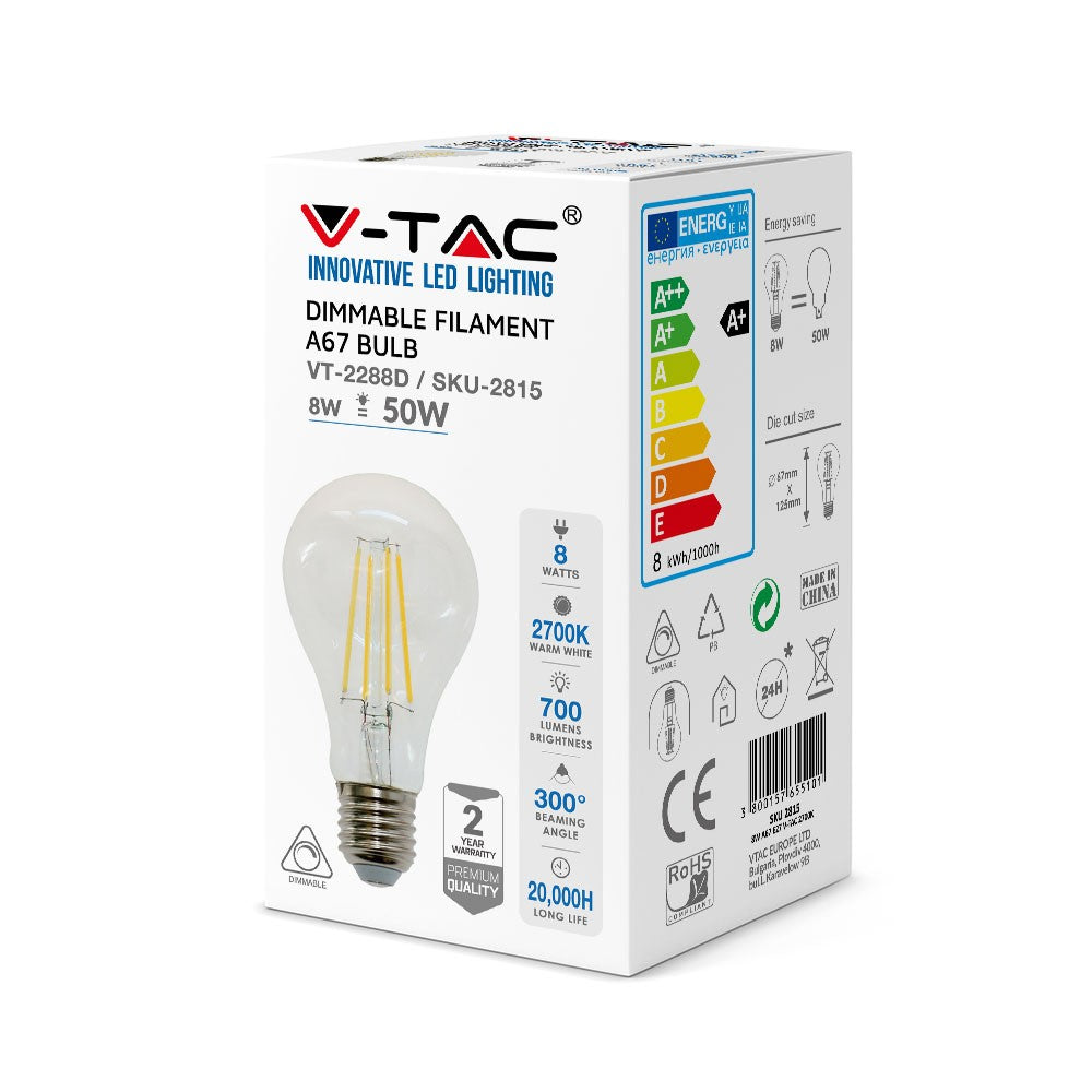 8W A65 Żarówka LED Filament / Barwa:3000K / Ściemniana / Trzonek:E27
