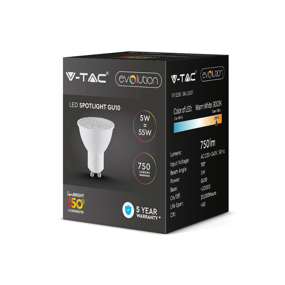 5W GU10 Żarówka LED / Klosz Transparentny / Barwa:3000K / Skuteczność: 160lm/W / Trzonek: GU10