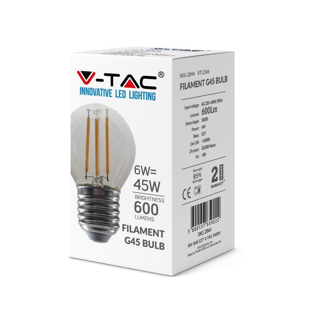 6W G45 Filament / Klosz Transparentny/ Barwa:6400K / Trzonek: E27