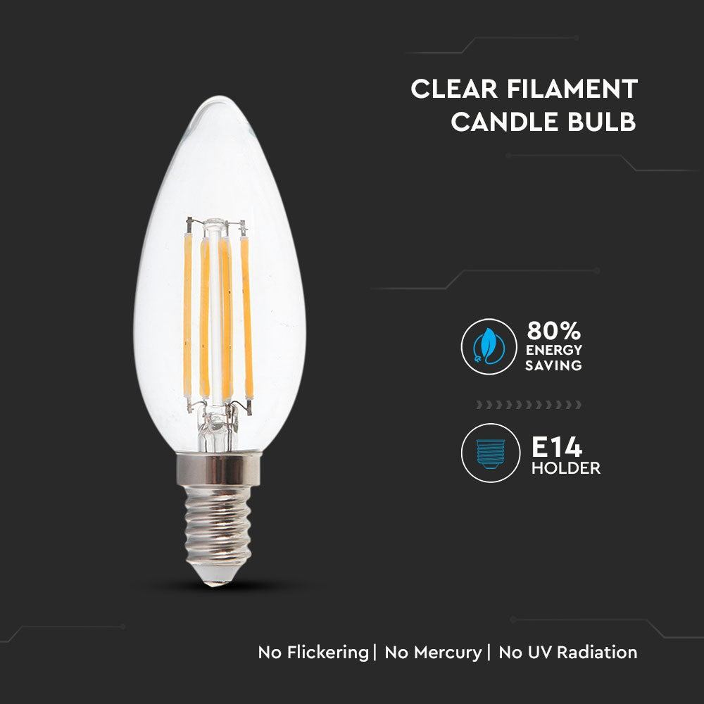 6W C35 Filament / Klosz Transparentny/ Barwa:3000K / Trzonek: E14 / Skuteczność: 130lm/W
