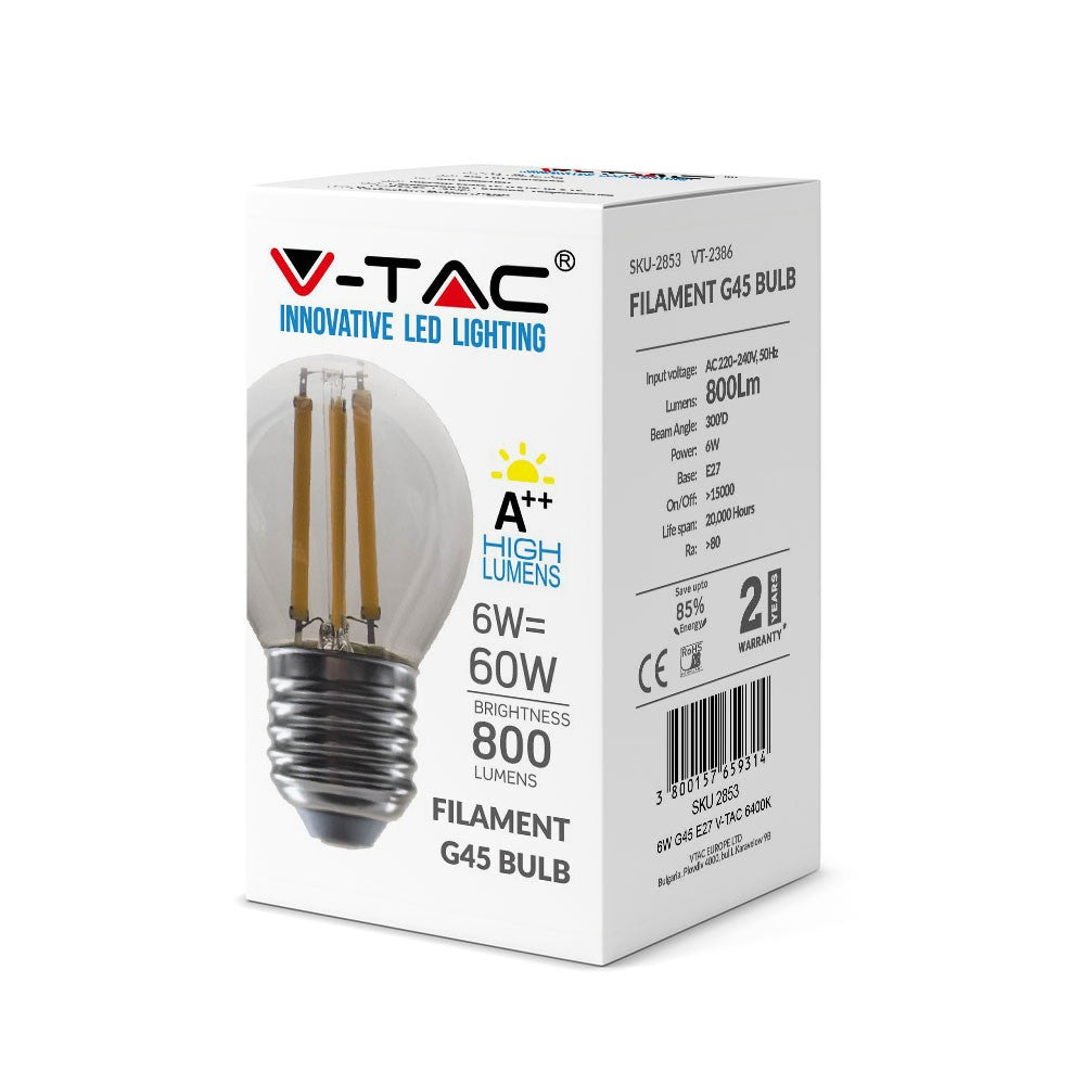 6W G45 Filament / Klosz Transparentny/ Barwa:6400K / Trzonek: E27 / Skuteczność: 130lm/W