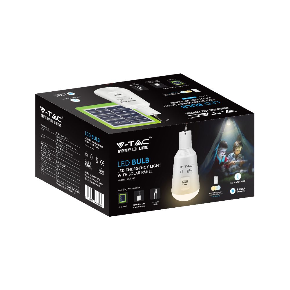 7W Żarówka LED z baterią i panelem solarnym / Chip SAMSUNG / Barwa:3w1 / Trzonek:E27