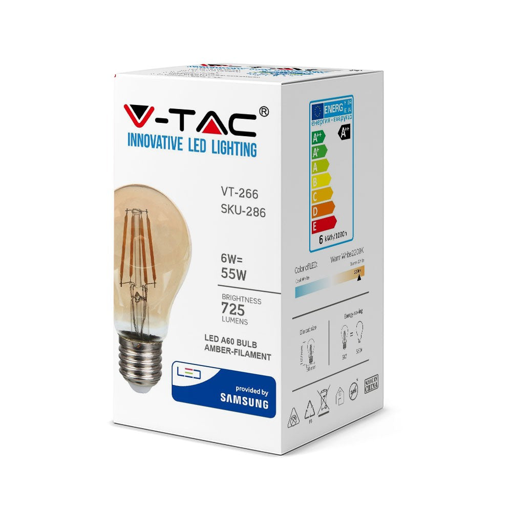6W A60 Żarówka LED Filament / Klosz Bursztynowy / Chip SAMSUNG / Barwa:2200K / Trzonek:E27