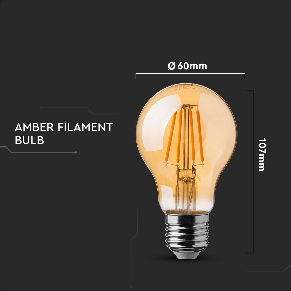6W A60 Żarówka LED Filament / Klosz Bursztynowy / Chip SAMSUNG / Barwa:2200K / Trzonek:E27