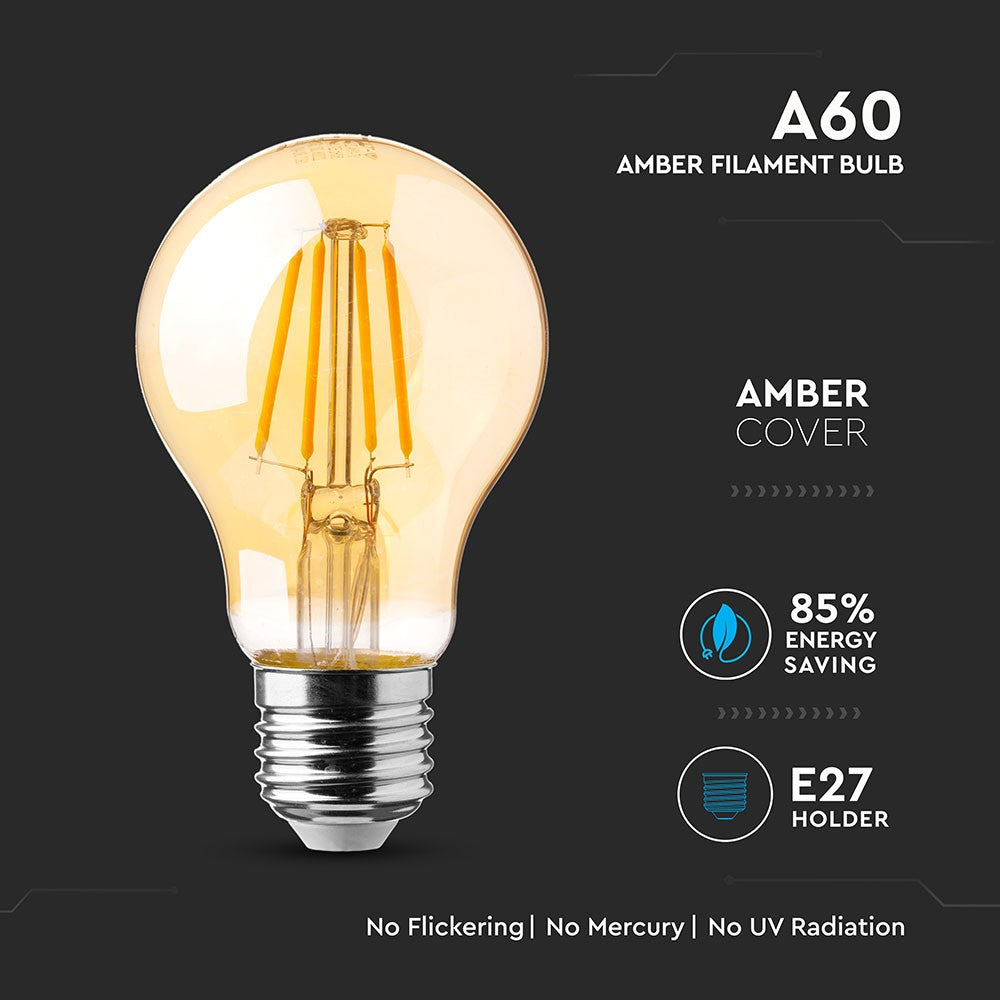 6W A60 Żarówka LED Filament / Klosz Bursztynowy / Chip SAMSUNG / Barwa:2200K / Trzonek:E27