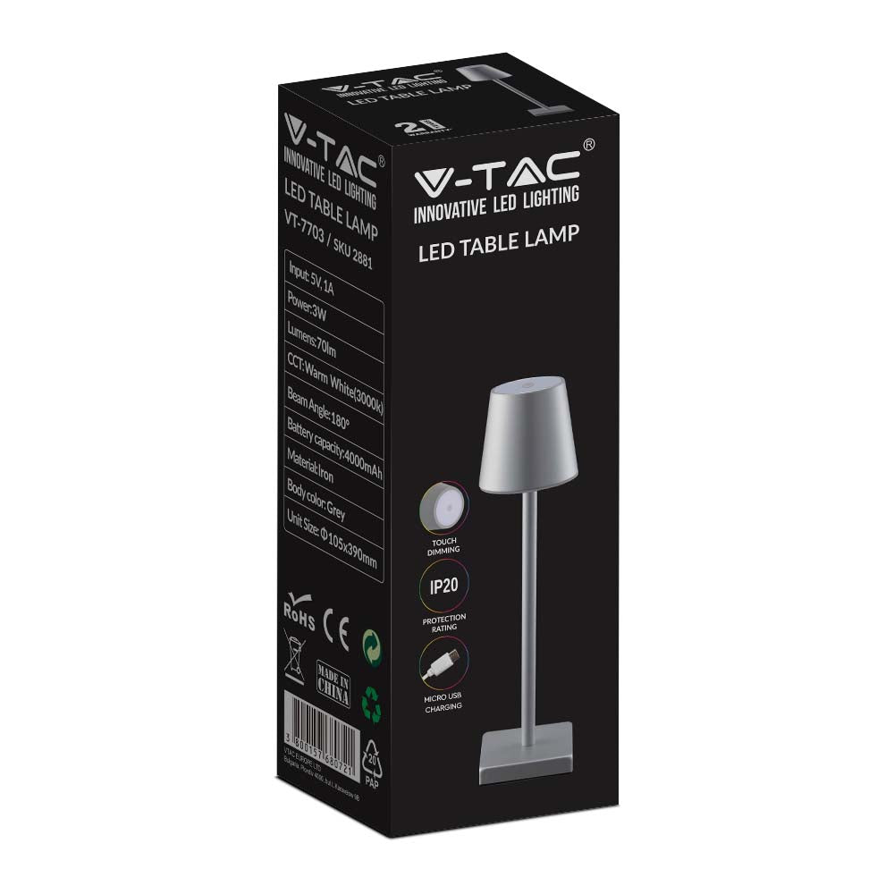 3W Lampka nocna LED zasilana bateryjnie / Ściemnianie przez dotyk / Barwa: 3000K / Obudowa: Szara