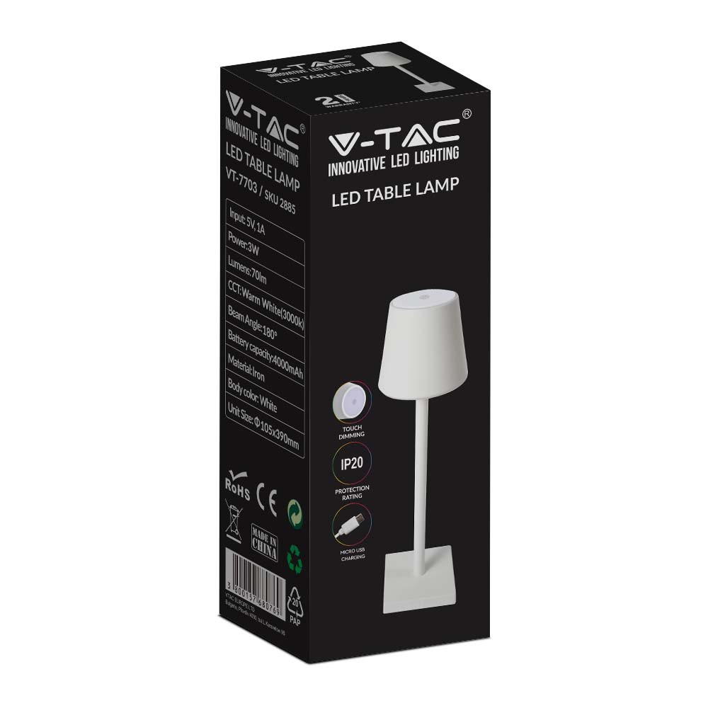 3W Lampka nocna LED zasilana bateryjnie / Ściemnianie przez dotyk / Barwa: 3000K / Obudowa: Biała