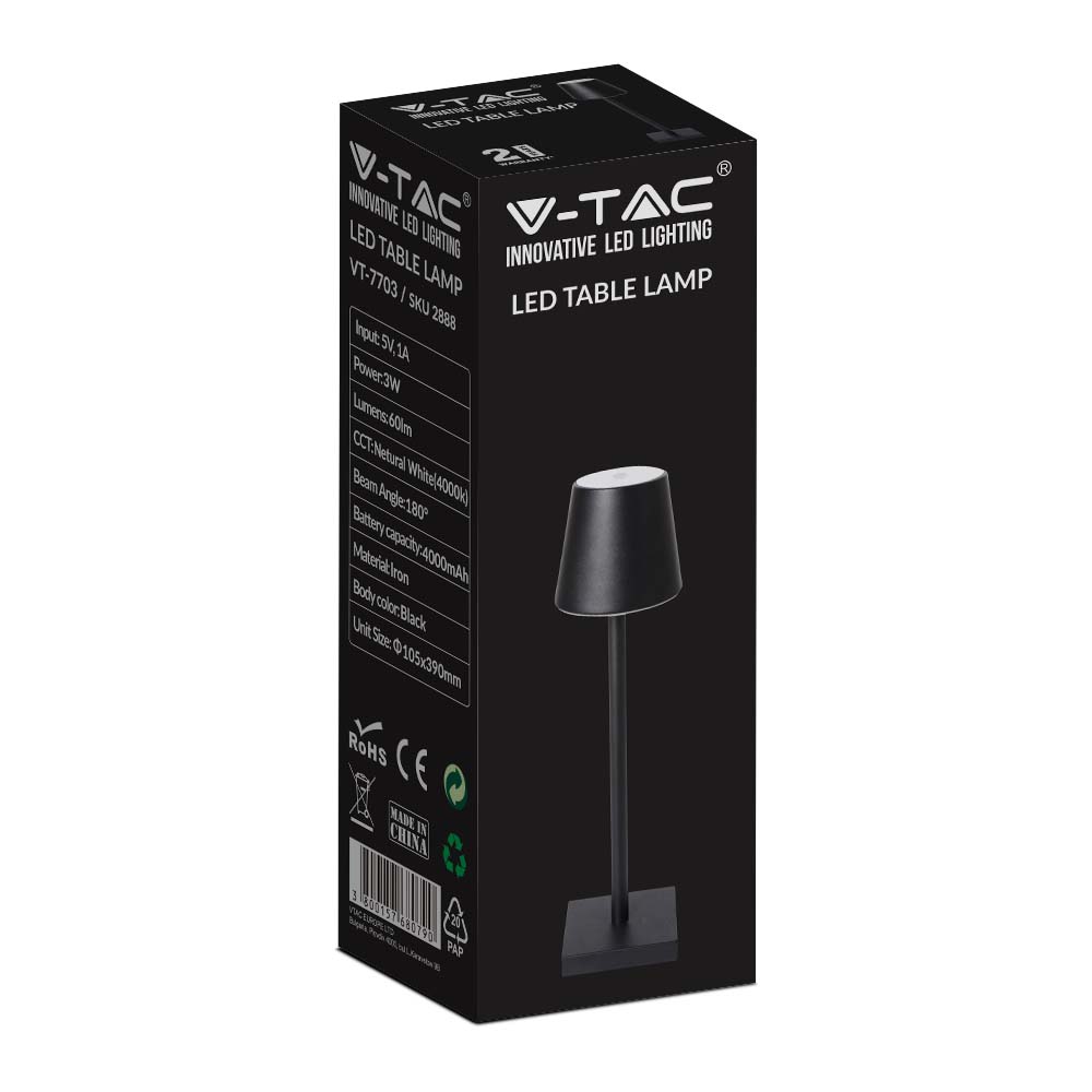 3W Lampka nocna LED zasilana bateryjnie / Ściemnianie przez dotyk / Barwa: 3000K / Obudowa: Czarna