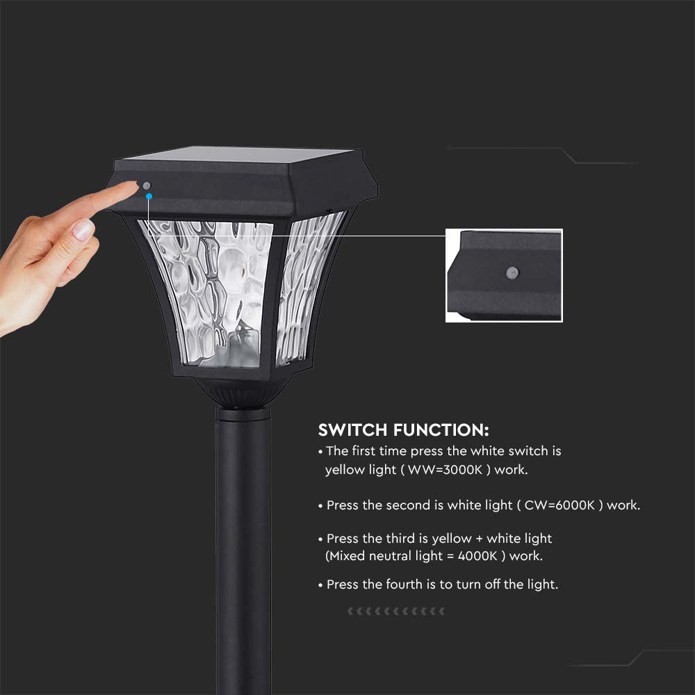 Solarna lampa stojąca ogrodowa / Wysokość: 930 mm / Obudowa: Czarna / Barwa:3w1 / IP65 /