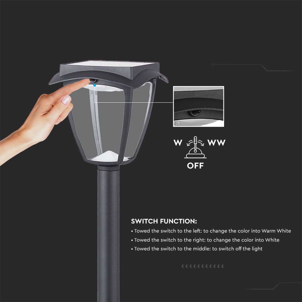 Solarna lampa stojąca ogrodowa / Wysokość: 930 mm / Obudowa: Czarna / Barwa:3000K+6000K / IP65 /