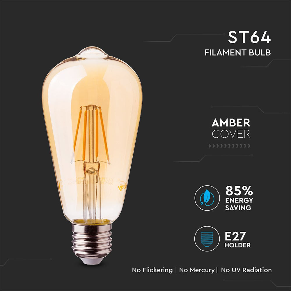 6W ST64 Żarówka LED Filament / Klosz Bursztynowy / Chip SAMSUNG / Barwa:2200K / Trzonek:E27