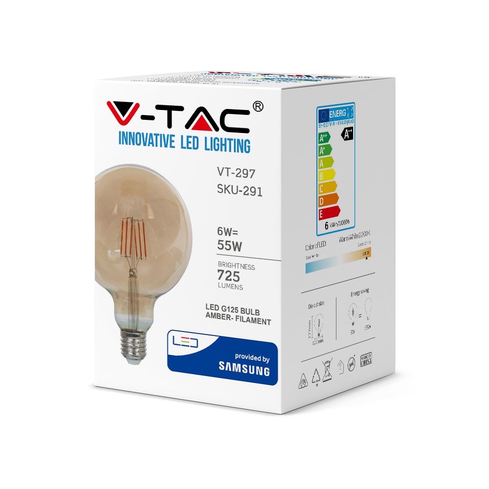 6W G125 Żarówka LED Filament / Klosz Bursztynowy / Chip SAMSUNG / Barwa:2200K / Trzonek:E27