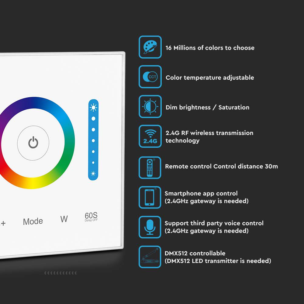Naścienny sterownik WiFi do paska LED CCT, RGB, RGB+W / Obudowa: Biała