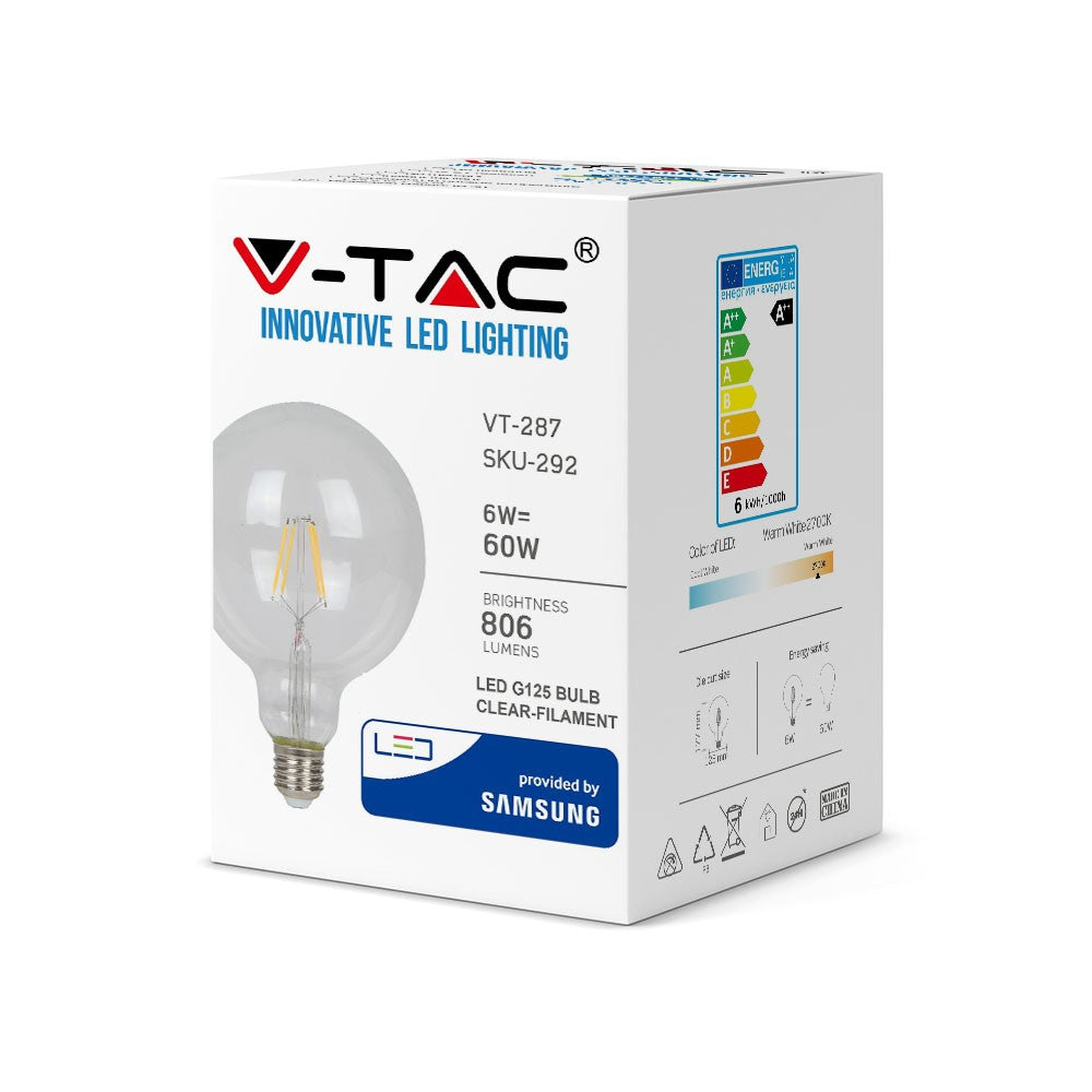 6W G125 Żarówka LED Filament / Chip SAMSUNG / Barwa:2700K / Trzonek:E27