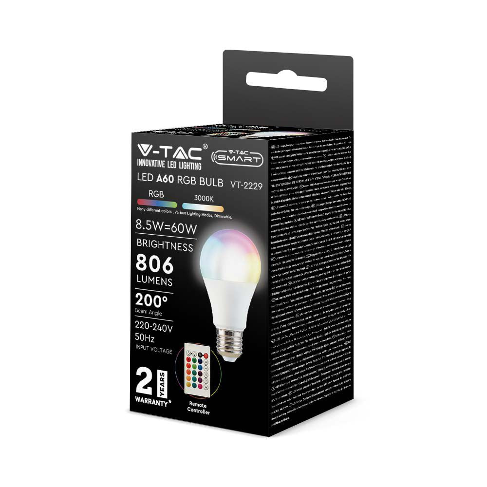8.5W A60 Żarówka LED sterowana pilotem / Barwa:RGB+4000K / Trzonek:E27