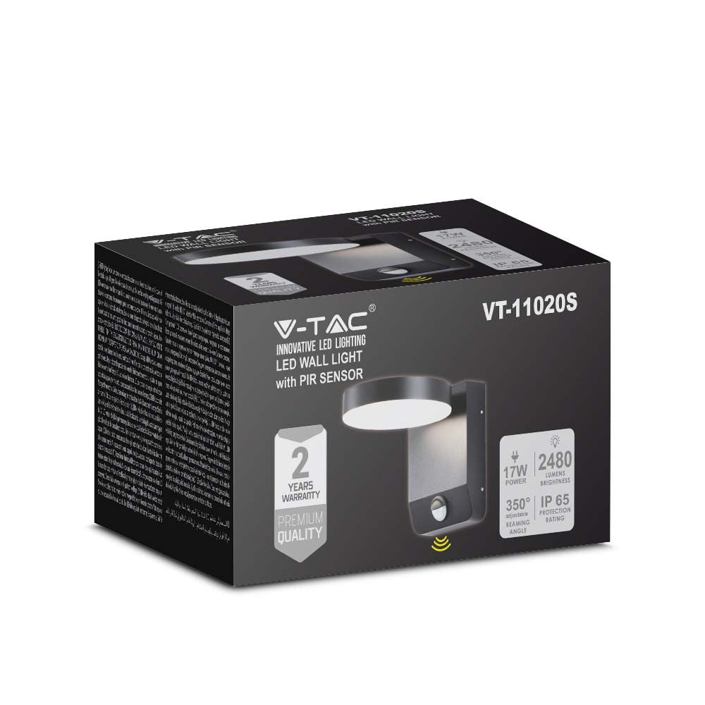 17W Lampa ścienna LED z czujnikiem ruchu / Barwa:3000K / Obudowa: Czarna / Okrągła