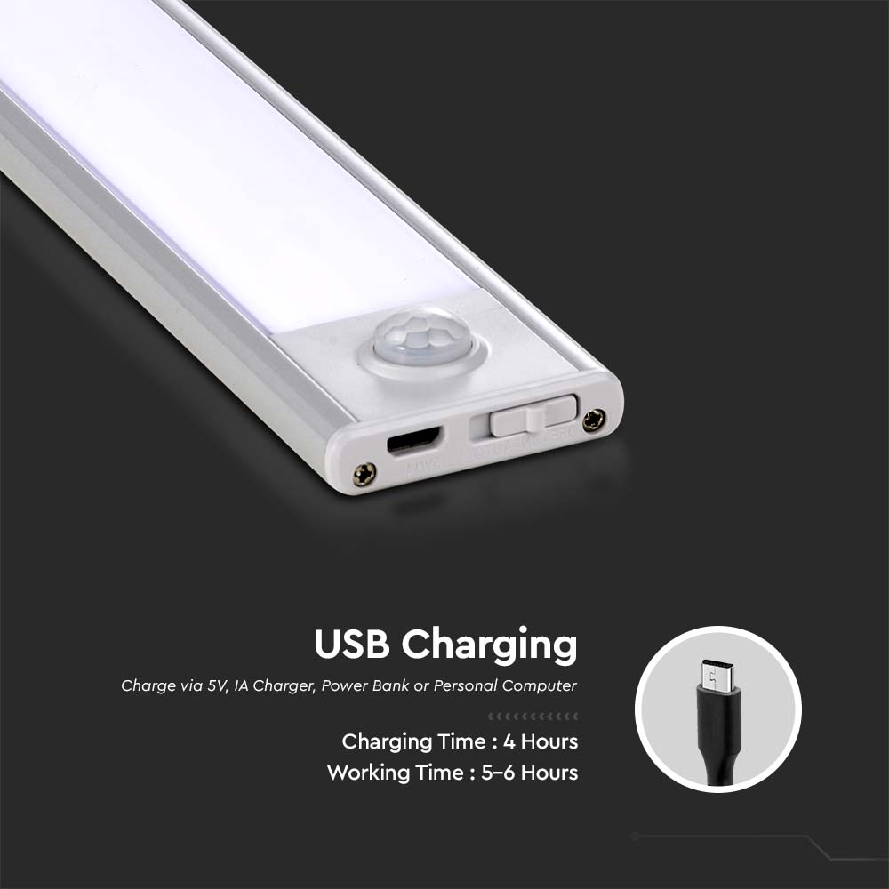 1.5W Oprawa pod szafkowa na baterie z czujnikiem ruchu 30cm / Barwa:4000K / IP20 / Obudowa: Srebrna / Ładowanie USB
